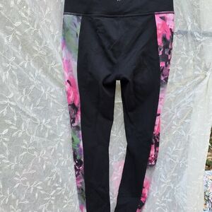 Athleta Black Leggings with Pink Colorful, Floral Side Panels
